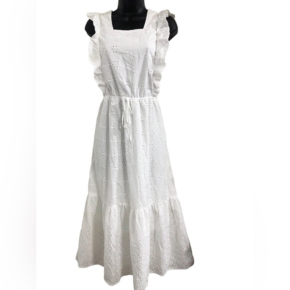 White eyelet lace tiered ruffle front tiered prairie style dress size medium new - Picture 4 of 15
